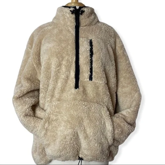 Pink Victoria’s Secret Ivory Fuzzy Teddy Jacket 1/2 Zip pullover Size XL - Picture 2 of 5
